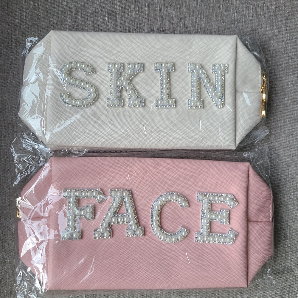 FACE SKIN Preppy Patch Makeup Bag pearl rhinestone Letter Cosmetic Pouch w/flaws - Picture 7 of 8